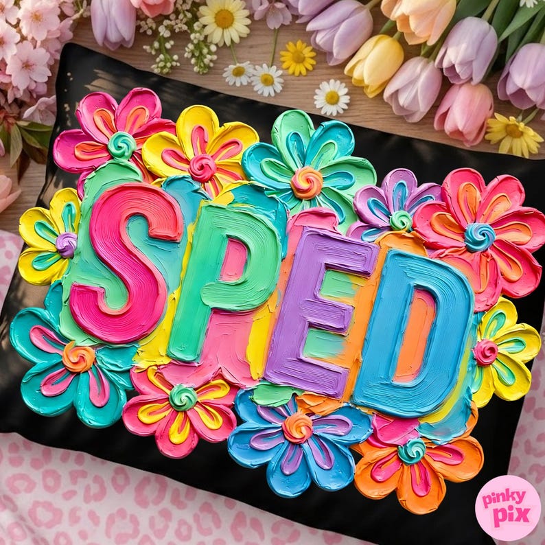 May include: Black pillow with the word "SPED" in colorful, textured lettering, surrounded by vibrant, painted flowers in shades of pink, yellow, blue, and orange. The pillow is decorated with a floral design.
