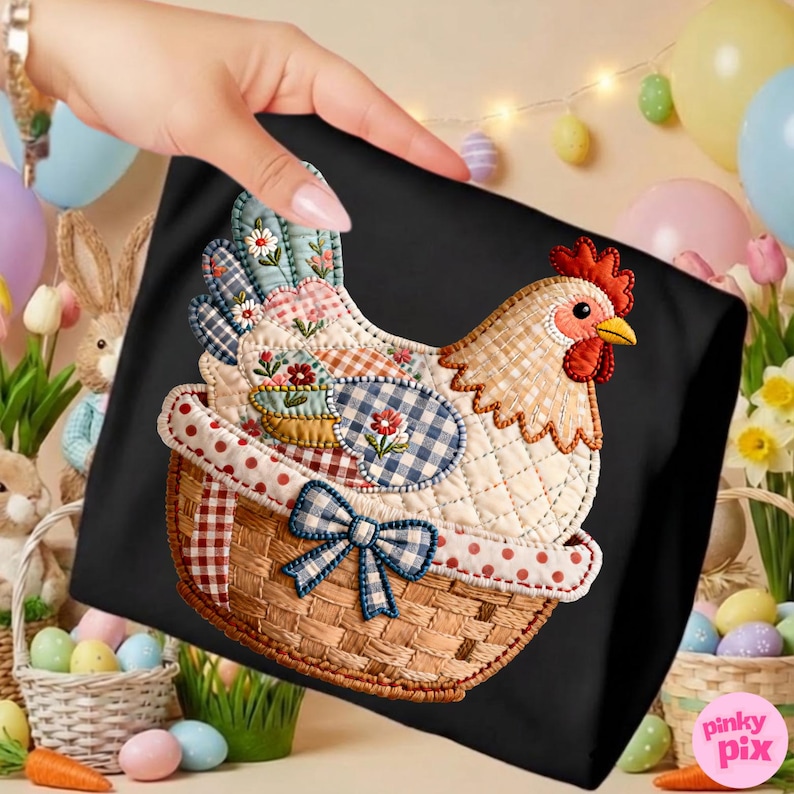 May include: Black tote bag with a quilted chicken design. The chicken is in a basket with a blue bow. The chicken has a red comb and a yellow beak. The design incorporates floral and gingham patterns.