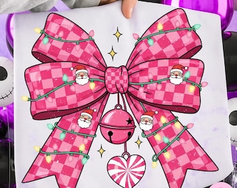 Coquette Pink Bow Girly Christmas Png, Retro Pink Christmas Bow Png, Preppy Cute Santa Png, Trendy Christmas Shirt Png, Holiday Sublimation
