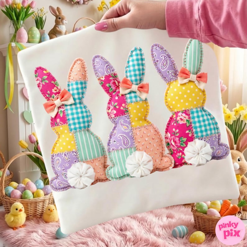 May include: A white pillow cover featuring three colorful patchwork bunny designs. Each bunny has a different patterned ear, body, and bow, with a white pom-pom tail. The bunnies are in shades of pink, purple, yellow, and blue.
