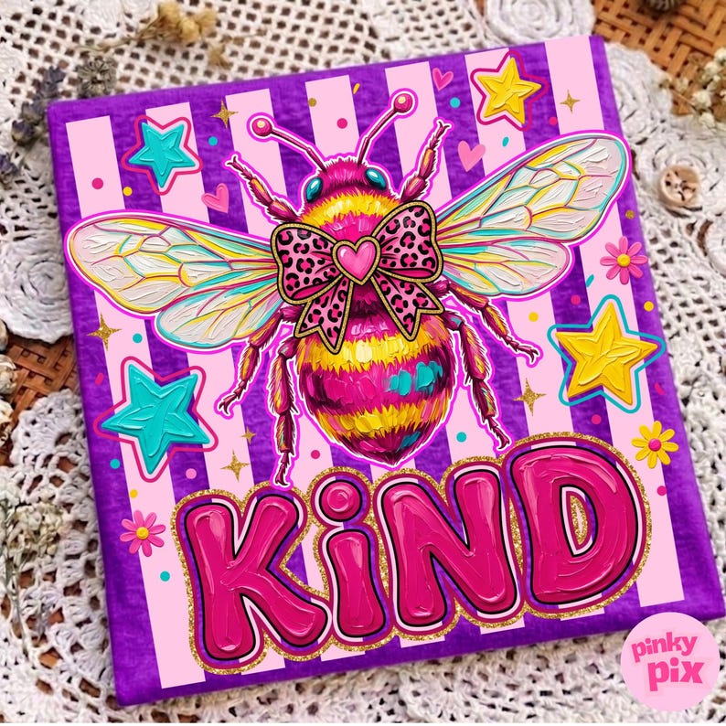 May include: A vibrant artwork featuring a stylized bee with a pink and yellow striped body, wearing a leopard print bow. The word "KIND" is displayed in large pink bubble letters. The background is striped with pink and purple, adorned with stars and hearts.