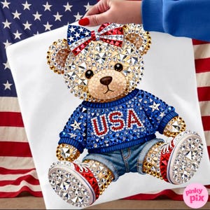 USA Teddy Bear 4th of July PNG: Patriotic Rhinestone American Flag Bow T-Shirt Design image 4