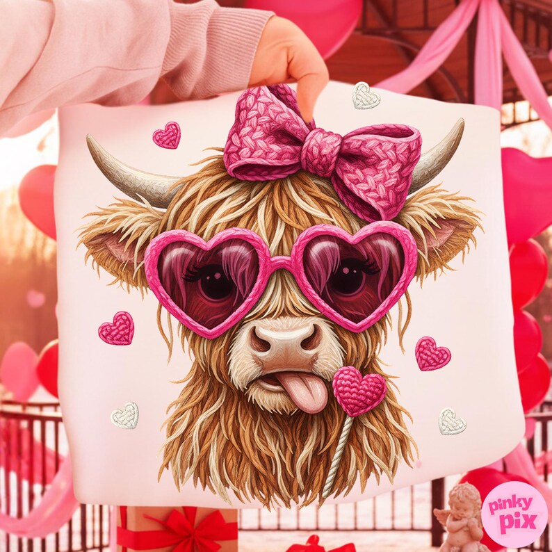 May include: A decorative pillow featuring a Highland cow wearing pink heart-shaped sunglasses and a matching bow. The cow has a pink heart lollipop and is surrounded by heart-shaped accents. The pillow is held by a person.