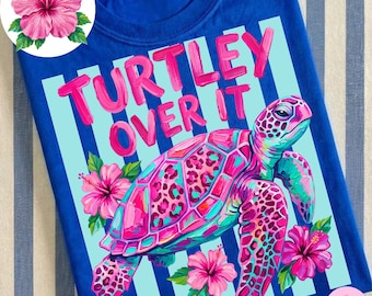 Turtley Over It Sea Turtle PNG: Preppy Retro Striped Leopard Floral Summer Hibiscus Design