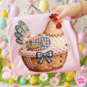 May include: A pink tote bag with a quilted chicken design in a basket. The chicken has patchwork wings and body with floral and gingham patterns. The basket has a red and white polka dot trim and a blue bow. Easter themed.
