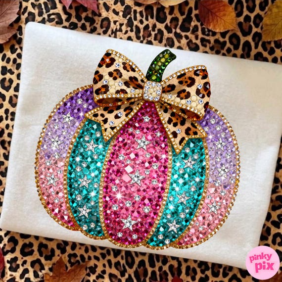 Rhinestone Pumpkin PNG: Leopard Bow Crystal Mosaic Jewel Design, Digital Download