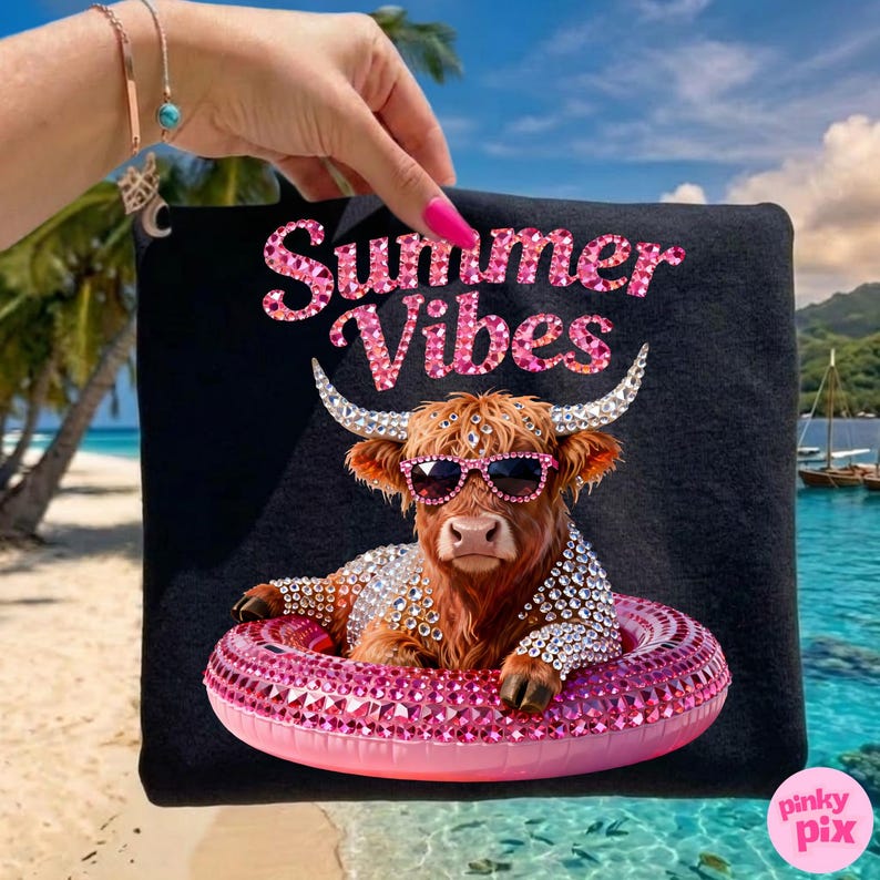 May include: Black t-shirt with a graphic of a Highland cow wearing sunglasses and a bejeweled floatie. The text "Summer Vibes" is in pink, sparkling letters. The background shows a tropical beach scene.
