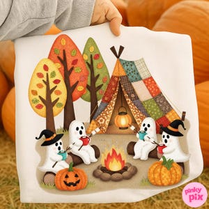 May include: A Halloween illustration showing cartoon ghosts camping. The ghosts, wearing witch hats, sit around a campfire roasting marshmallows. A tent, trees, and pumpkins complete the autumn scene. The image is held against a background of pumpkins.
