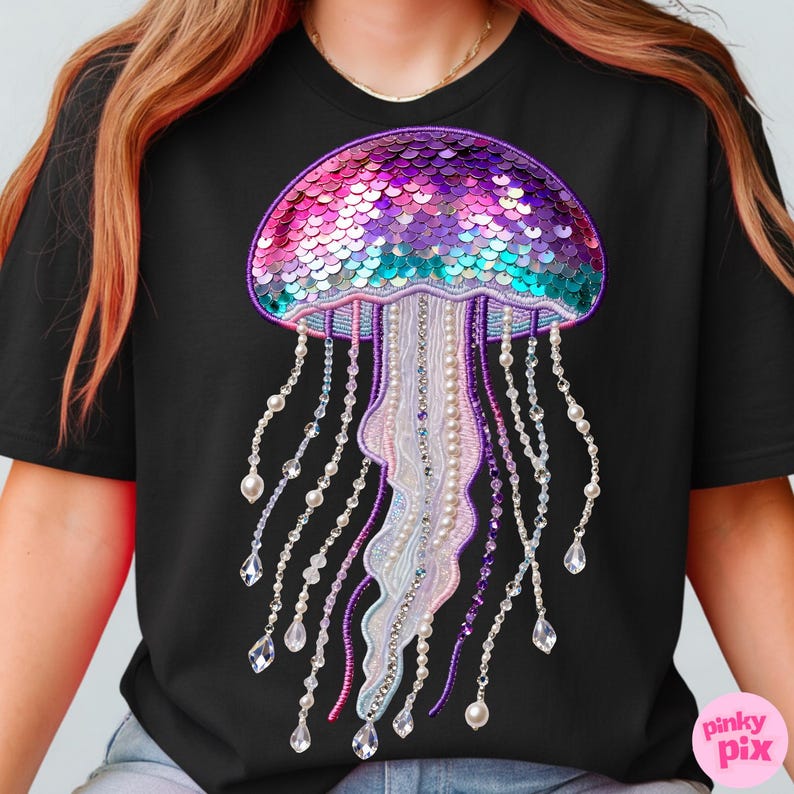 Summer Jellyfish PNG: Sequin Embroidery Iridescent Ocean Life Design, Trending Digital Download image 10