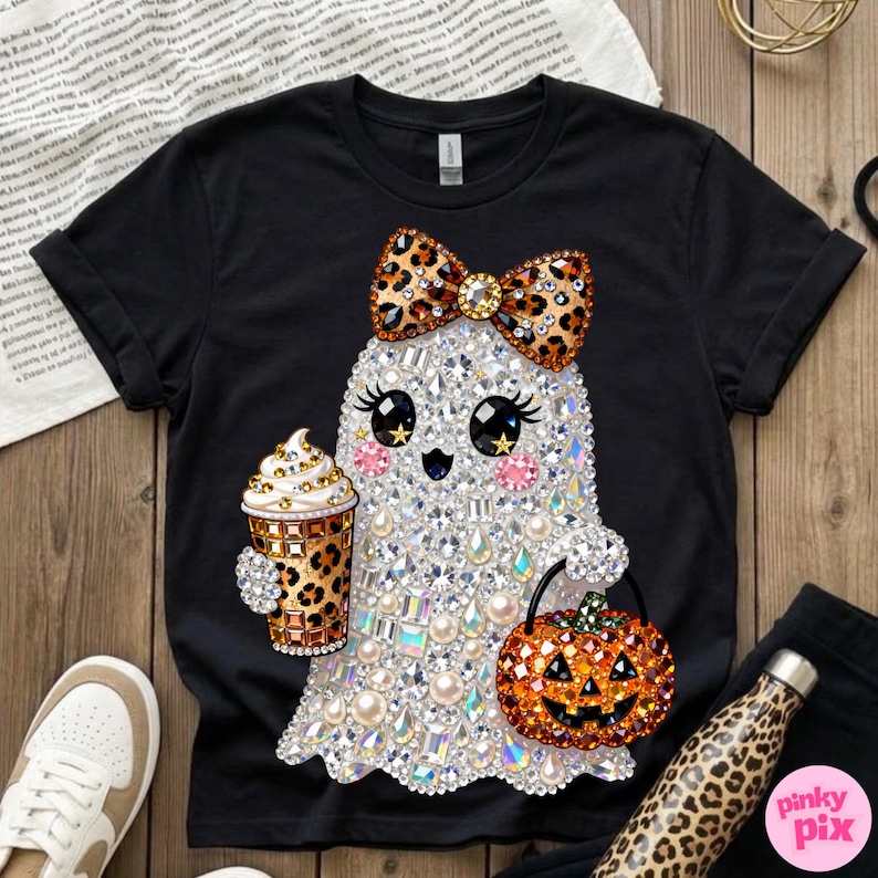 Może przedstawiać: Czarny t-shirt z grafiką ducha pokrytego przezroczystymi i opalizującymi dżetami. Duch ma na sobie kokardę w panterkę, trzyma kubek do kawy w panterkę i niesie pomarańczowe wiaderko w kształcie dyni ozdobione błyszczącymi dżetami.