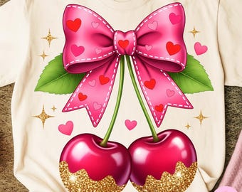 Coquette Cherry Glitter PNG, Pink Bow Cherry Clipart, Girly Cherry Shirt Design, Trendy Valentine Sublimation, Cute Sweetheart PNG