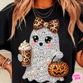Halloween Boujee Ghost PNG: Rhinestone Leopard Bling Pumpkin Coffee Luxury Glam DTF Digital Download