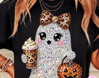 Halloween Boujee-spöke PNG: Strass Leopard Bling Pumpa Kaffe Lyxig Glam DTF Digital Nedladdning
