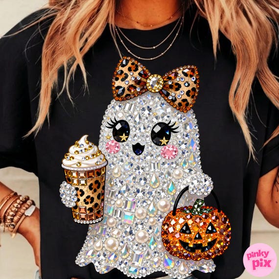Halloween Boujee Ghost PNG: Rhinestone Leopard Bling Pumpkin Coffee Luxury Glam DTF Digital Download