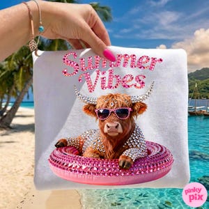 May include: White square pillow with a graphic of a Highland cow wearing sunglasses and a bejeweled floatie. The text "Summer Vibes" is in pink glitter. The cow is brown with long hair and crystal embellishments.