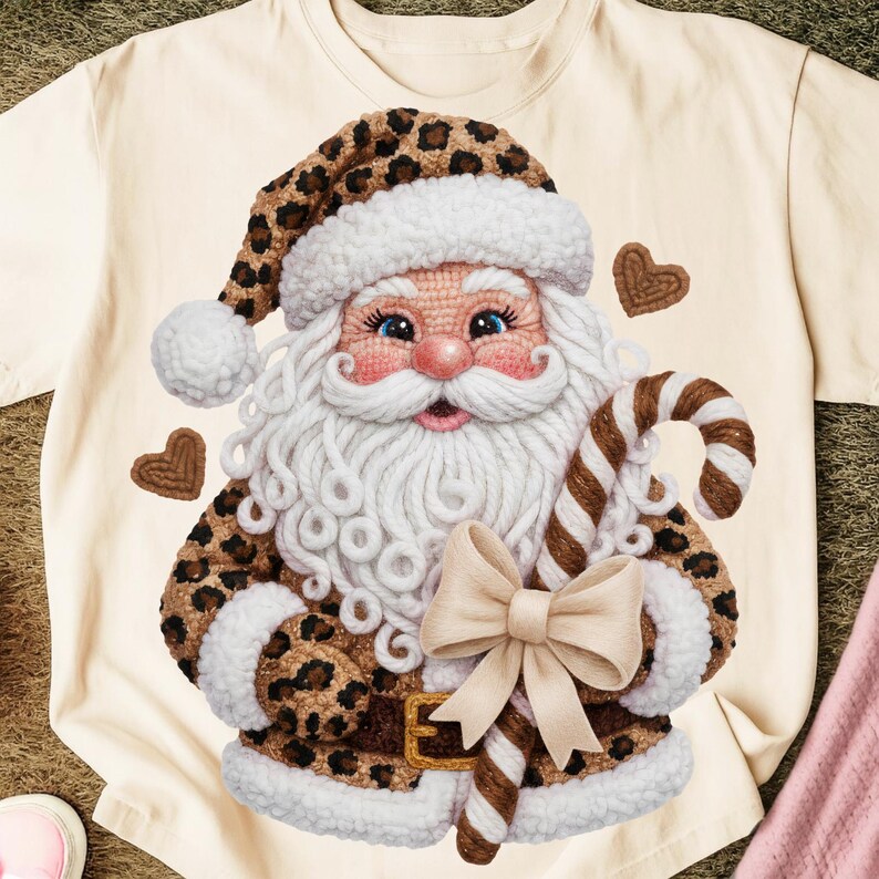 May include: A cream-colored t-shirt featuring a whimsical Santa Claus design. Santa is depicted with a white beard, rosy cheeks, and blue eyes, wearing a leopard print hat and jacket. He holds a candy cane and a bow. Two brown heart shapes are also present.