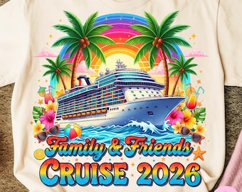 家族と友達のクルーズ2026 PNG画像、トロピカルビーチバケーションTシャツデザイン、夏のクルーズ船昇華転写、ヤシの木の夕日の旅行デザイン