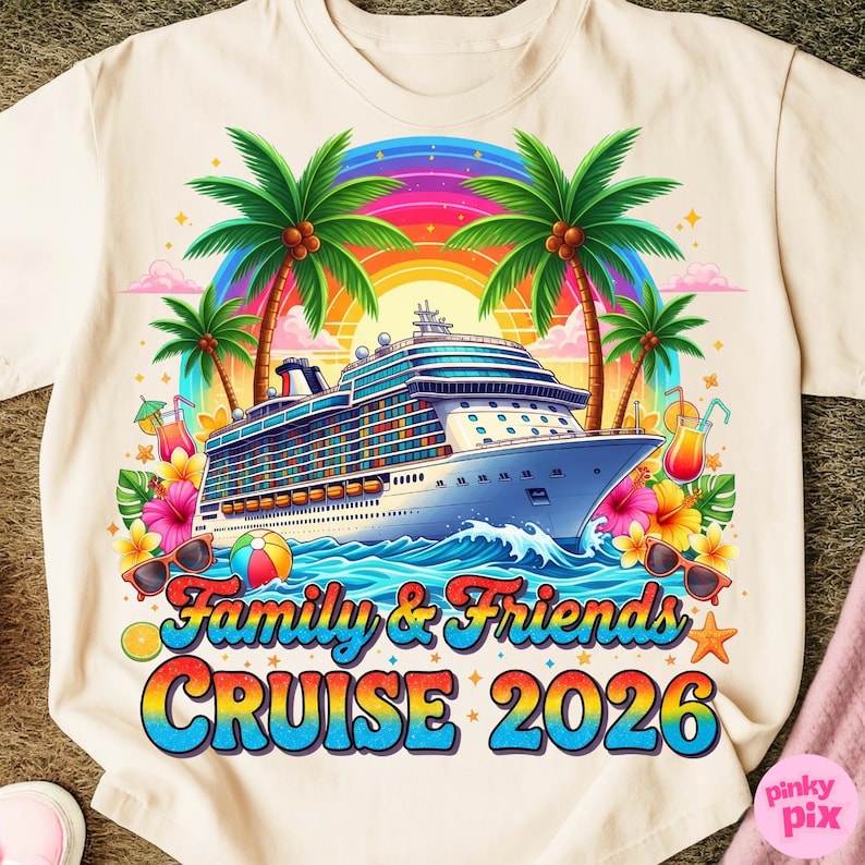 Może przedstawiać: Kremowa koszulka z kolorowym wzorem statku wycieczkowego. Grafika zawiera palmy, tęczę i napis "Family & Friends CRUISE 2026". Tropikalne kwiaty, okulary przeciwsłoneczne i piłka plażowa są r&oacute;wnież uwzględnione.