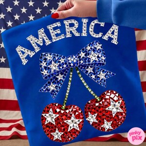 America Cherry Rhinestone PNG: Patriotic Stars Sparkle Bling Crystal Mosaic Jewel DTF Design image 3