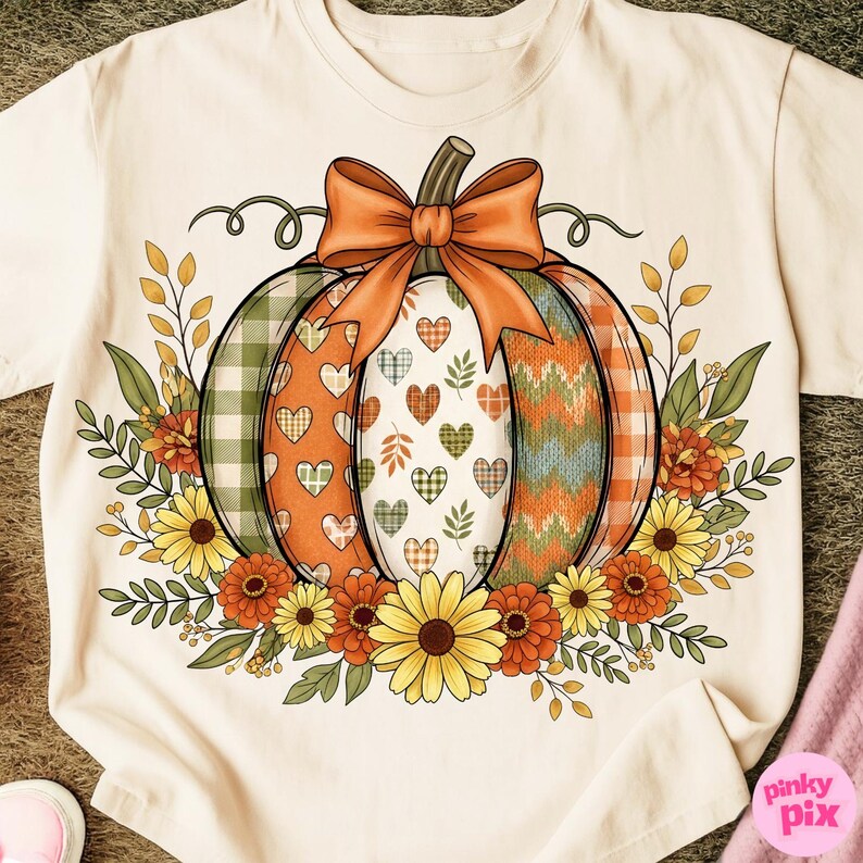May include: Cream-colored t-shirt featuring a colorful pumpkin design. The pumpkin is segmented with plaid, hearts, and chevron patterns, topped with an orange bow. Floral accents include sunflowers and fall foliage.