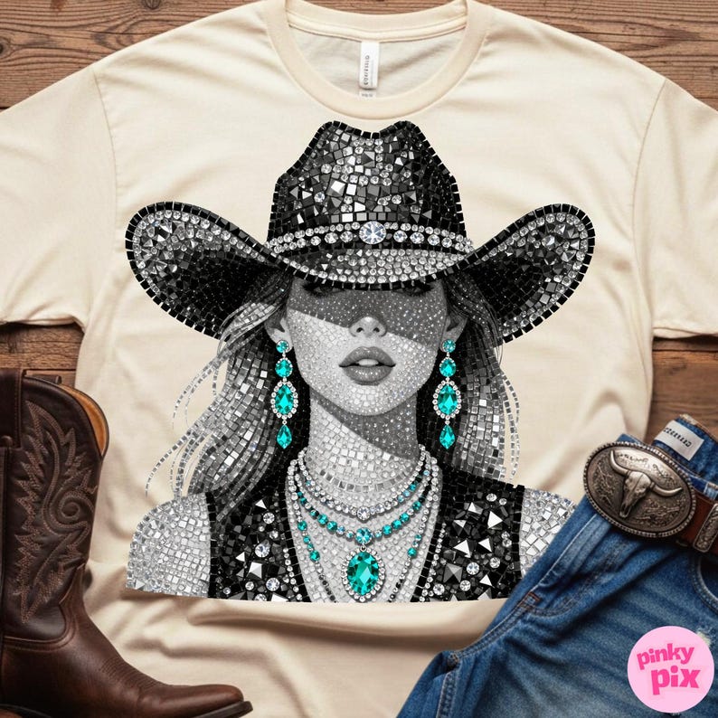 May include: Cream-colored t-shirt featuring a mosaic-style illustration of a woman wearing a bedazzled cowboy hat and turquoise jewelry. A brown leather cowboy boot and blue jeans with a belt are visible in the image.
