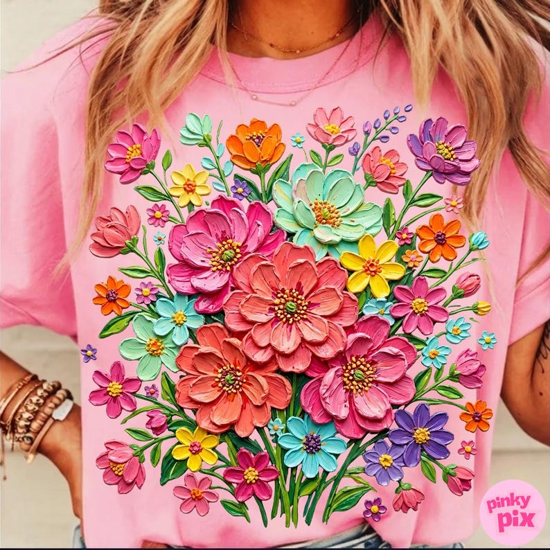 May include: Pink t-shirt featuring a vibrant floral design. The design showcases a bouquet of colorful, textured flowers in shades of pink, orange, yellow, blue, and purple. The flowers are arranged in a dense, layered composition, creating a three-dimensional effect.