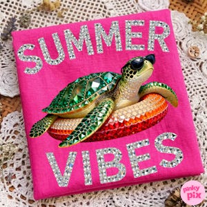 May include: Hot pink t-shirt with the words "SUMMER VIBES" in silver rhinestones. A bejeweled green sea turtle wearing sunglasses floats on a colorful inner tube. The shirt is a vibrant summer design.