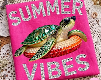 Tortuga marina de verano PNG: Diseño de sublimación con brillo de diamantes de imitación y ambiente playero, descarga digital de moda