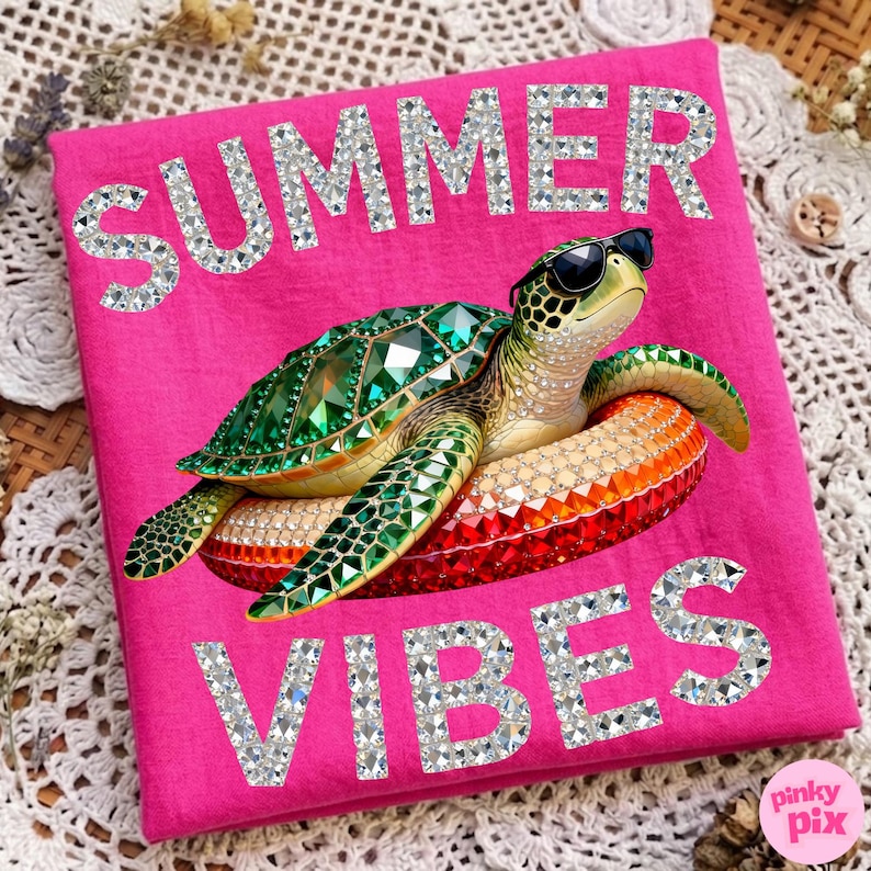May include: Hot pink t-shirt with the words "SUMMER VIBES" in silver rhinestones. A bejeweled green sea turtle wearing sunglasses floats on a colorful inner tube. The shirt is a vibrant summer design.