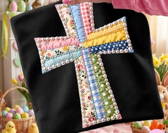 Patchwork Cross PNG: Easter Christian Floral Pearl Grandma Core geruit sublimatieontwerp, digitale download