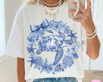 PNG de tortuga marina, diseño gráfico de sublimación de vida marina costera floral azul, descarga digital de moda