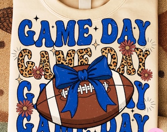 Preppy Game Day Football Bow Png, Blue Leopard Game Day Shirt Design, Retro Girly Football Sublimation, Footbal Mom Trendy Fall Sports Png