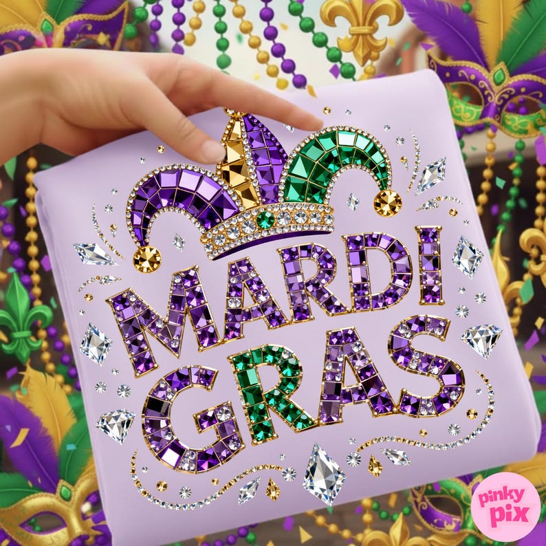 May include: A light purple pillow with the words "MARDI GRAS" in jeweled letters. A jeweled crown in purple, green, and gold sits above the text. Rhinestones and decorative elements surround the text, with a "pinky pix" logo in the bottom right corner.