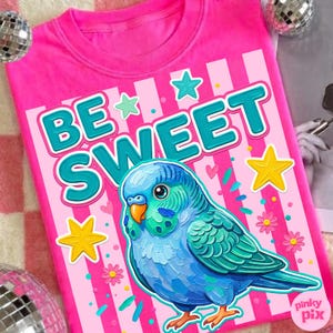 May include: A pink t-shirt with the words "BE SWEET" in teal and white, featuring a blue and green parakeet illustration. The design includes stars, flowers, and sprinkles.