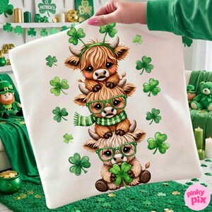 St. Patrick's Day Highland Cow PNG, Faux Yarn Crochet Lucky Shamrock Sublimation Design image 3