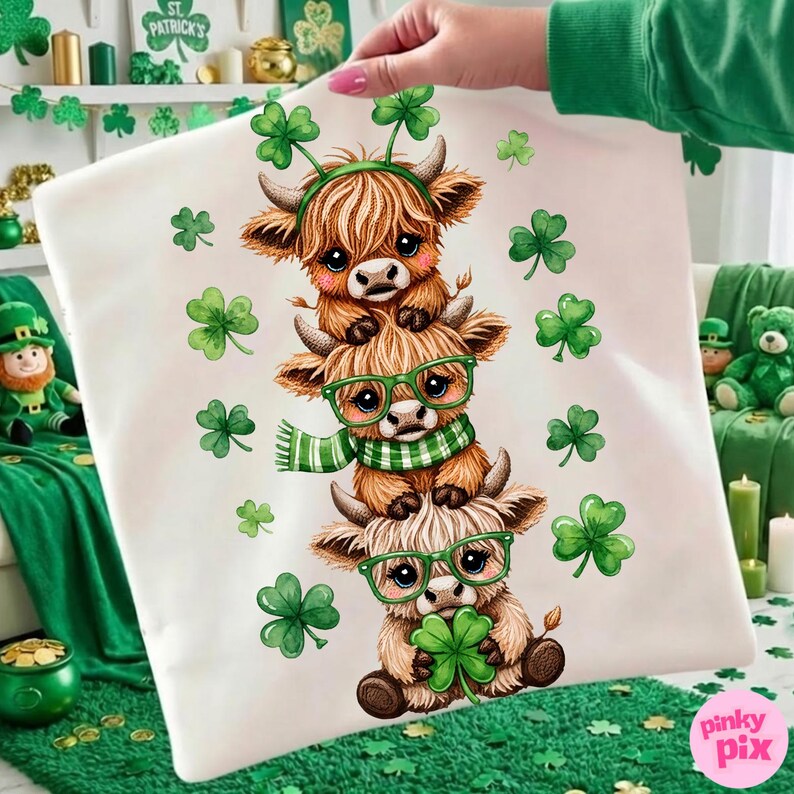 St. Patrick's Day Highland Cow PNG, Faux Yarn Crochet Lucky Shamrock Sublimation Design image 3