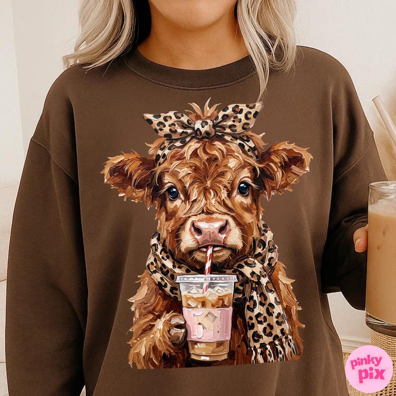 May include: Brown sweatshirt featuring a cow illustration. The cow wears a leopard print scarf and headband, and sips from a coffee cup with a straw. The illustration has a pink cup holder. The sweatshirt is a solid brown color.