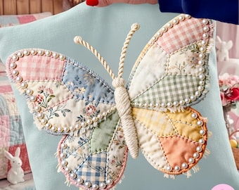 Patchwork Butterfly PNG: Grandmacore Cottagecore Spring Pearl Gingham Faux Quilt Broderi Sublimeringsdesign