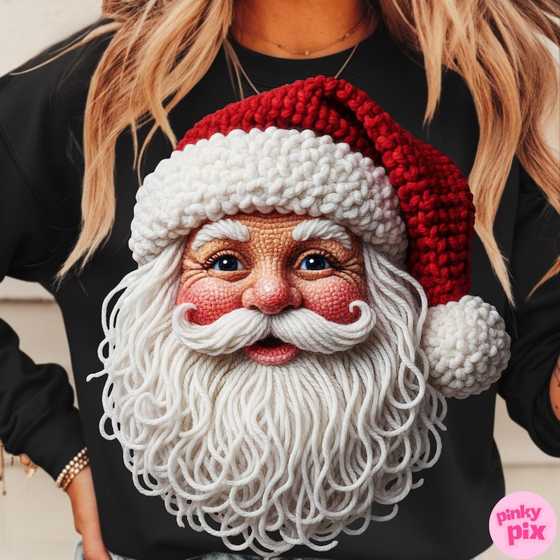 May include: Black sweatshirt featuring a detailed Santa Claus face. The Santa design includes a red and white knit hat, a long white beard, rosy cheeks, and blue eyes. The image is a close-up of the Santa Claus design.