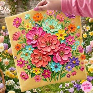 May include: A square canvas featuring a vibrant, textured floral arrangement. The artwork showcases a bouquet of colorful flowers in shades of pink, orange, yellow, blue, and purple against a yellow background. The flowers appear to be 3D, with visible brushstrokes.