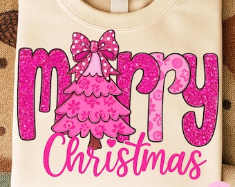 Retro Pink Merry Christmas Png, Coquette Vintage Girly Christmas Tree Bow Png, Cute Holiday Shirt Png, Pink Xmas Sublimation, Digital Png