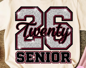 Senior 2026 PNG: Maroon, Black, and Silver Glitter Effect Graduation Sublimation Design, Digital Download