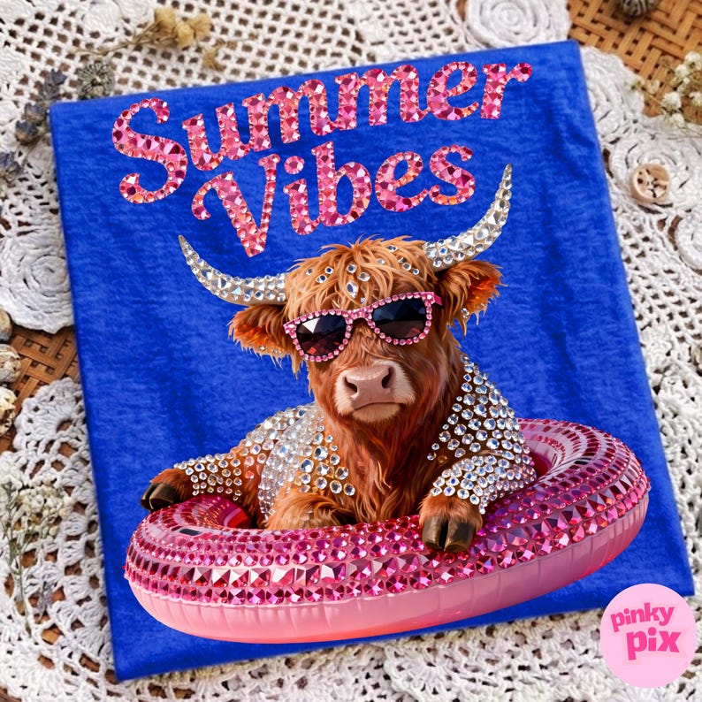 May include: Blue t-shirt with a graphic of a Highland cow wearing sunglasses and a bejeweled floatie. The text "Summer Vibes" is in pink glitter. The cow is adorned with rhinestones. The Pinky Pix logo is in the bottom right corner.