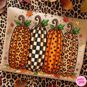 Fall Pumpkins PNG: Leopard Print Polka Dots Checkered Brushstroke Autumn Design, Digital Download File