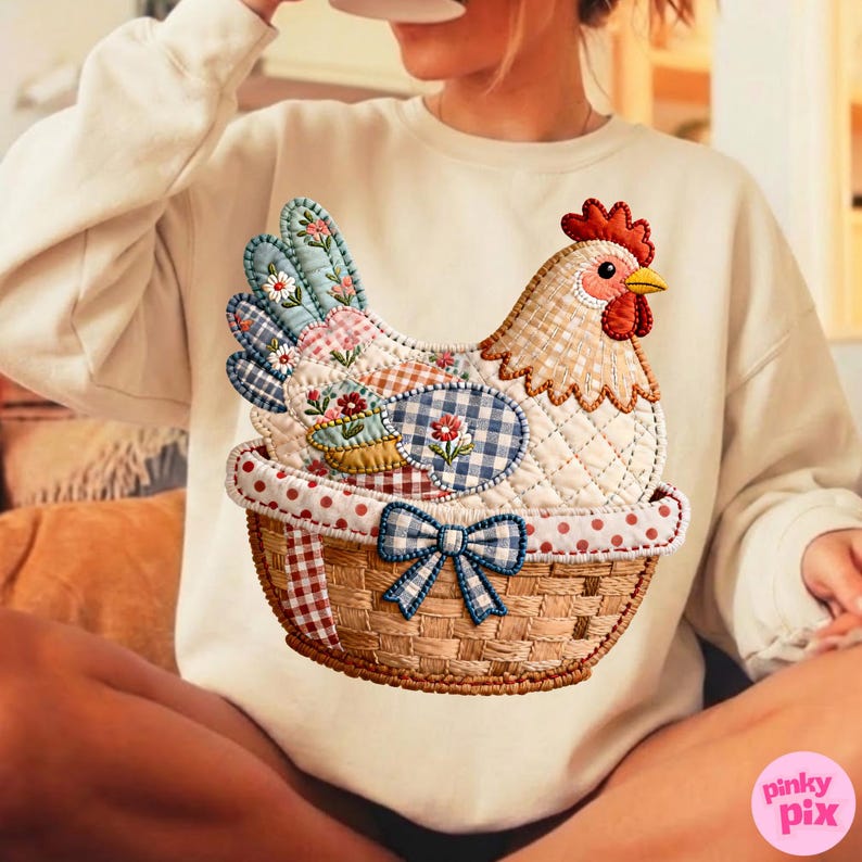 Patchwork Easter Chicken PNG: Farmhouse Cottage Core Gingham Floral Retro Spring Sublimation Design image 9