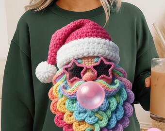 Faux Yarn Rainbow Santa PNG: Colorful Crochet Christmas Bubblegum Sublimation Design