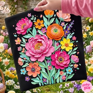 May include: A black tote bag featuring a vibrant floral design. The artwork showcases a bouquet of colorful flowers in shades of pink, orange, yellow, and blue, with green leaves. The flowers appear to have a textured, three-dimensional effect.