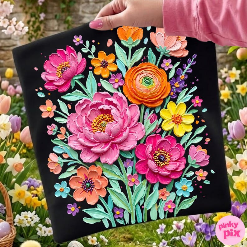 May include: A black tote bag featuring a vibrant floral design. The artwork showcases a bouquet of colorful flowers in shades of pink, orange, yellow, and blue, with green leaves. The flowers appear to have a textured, three-dimensional effect.