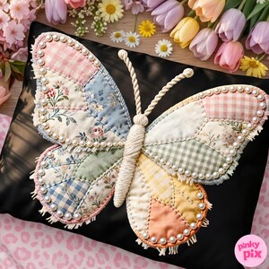 May include: A decorative butterfly appliqu&eacute; featuring a patchwork design of floral and gingham fabric patterns in pastel shades. The butterfly is outlined with white faux pearls and frayed fabric edges, with a central body made of white twisted cord.