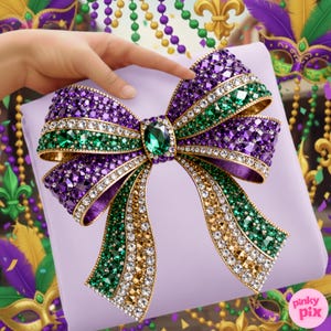 May include: A decorative bow in purple, green, and gold, embellished with sparkling gemstones. The bow is set on a light purple surface, with a large green gemstone at the centre. The design evokes a festive, celebratory theme.